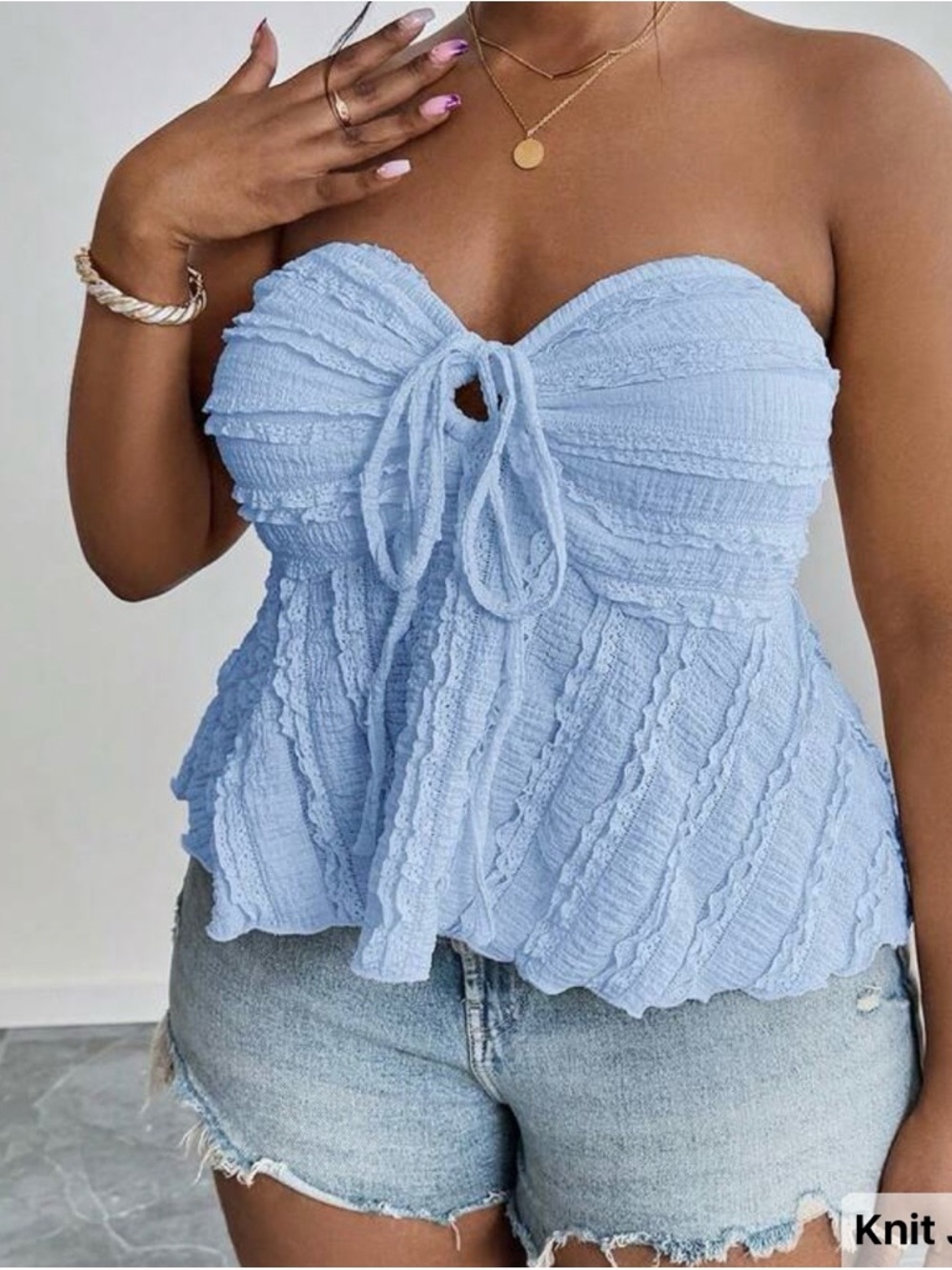 Strapless Tie-Front Light Blue Knit Peplum Top